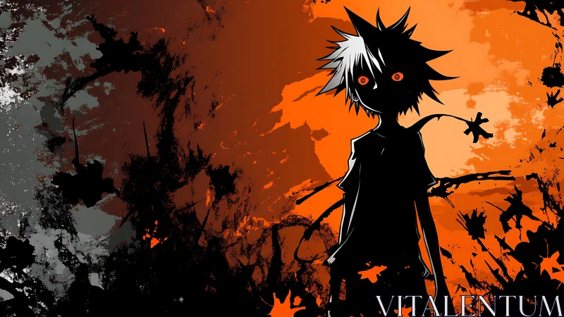 Silhouetted anime figure stands amid high-contrast splatter field