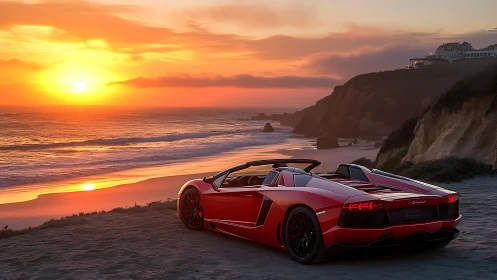 Red convertible sports car on coastal beach at sunset.