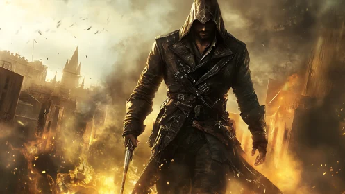 Hooded rogue strides through burning steampunk cityscape.