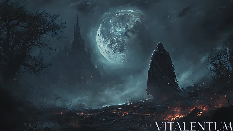 Cloaked wanderer surveys lunar-lit gothic citadel in ash
