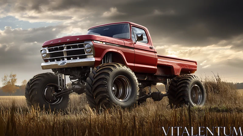 Lifted red Ford monster truck in dramatic open field.