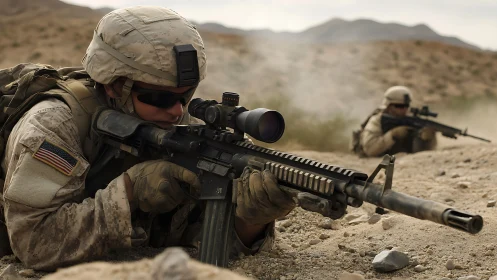 Soldier in desert terrain maintains prone rifle firing position