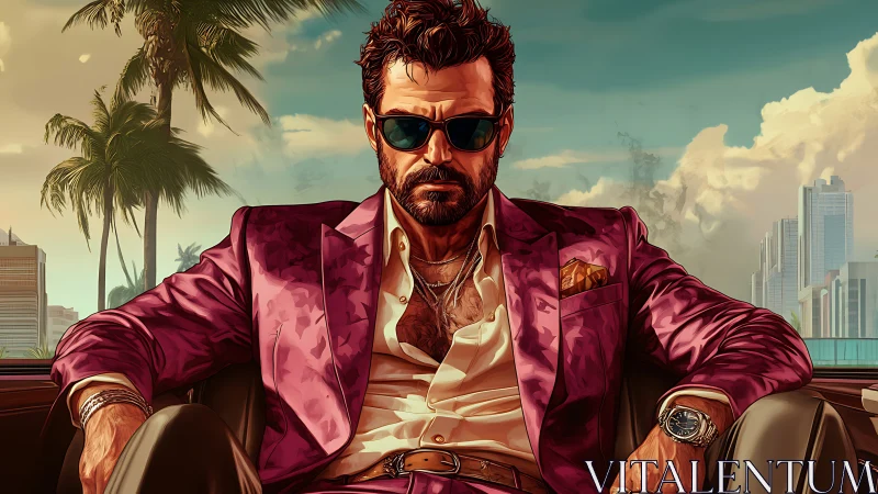 Sunlit swagger in a slick pink suit by the waterfront.