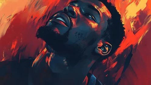 Digital portrait of man against vivid red abstract background.