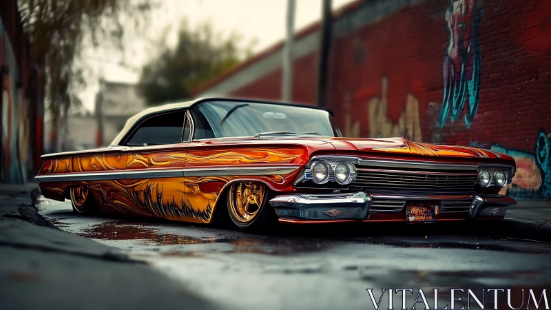 Lowrider inferno cruises through rain-slicked urban canyon.