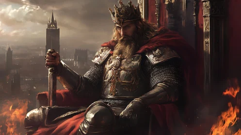 Brooding iron crowned king rules from a throne of fire and ash