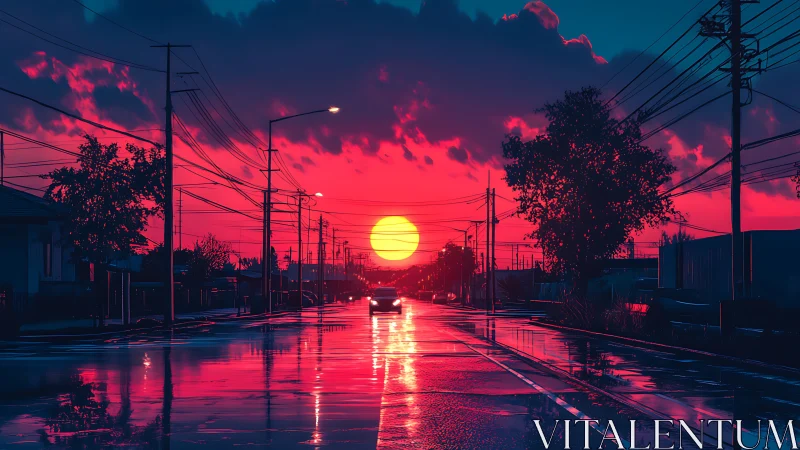 Neon sunset rivering through rain-slicked suburban street.