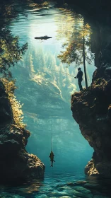 Quiet cliffside fisherman over dreamy turquoise waters.