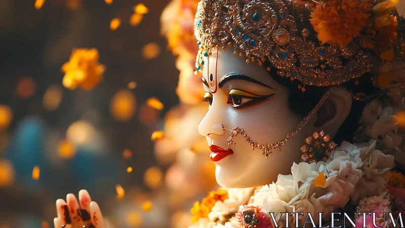 Blossoms circle a jeweled deity face in golden devotion.