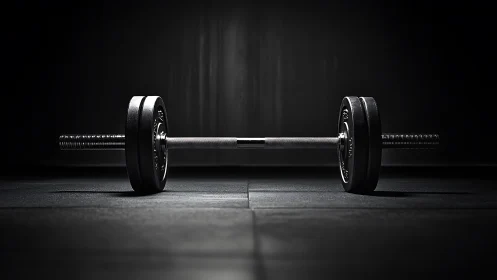 Steel barbell waits in moody spotlight of a silent gym floor.