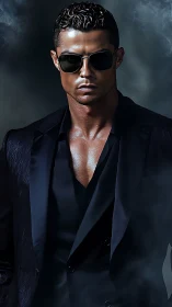 Sharp-lit male portrait in noir suit with reflective shades
