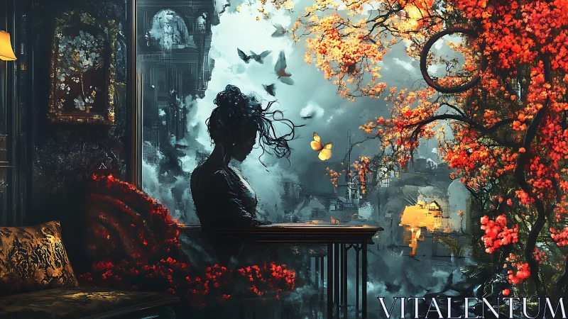 Silhouetted figure at liminal window amid digital autumn bloom.