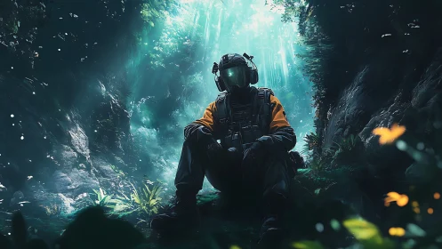 Armored soldier seated in misty forest clearing environment.