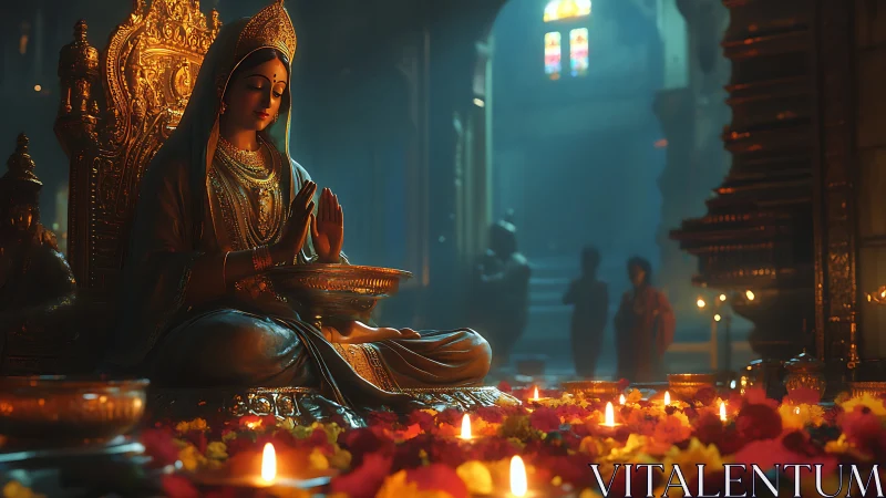 Golden temple goddess amid candlelit marigold whispers.