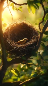 Sunlit avian nest microhabitat in shallow-depth forest bokeh.