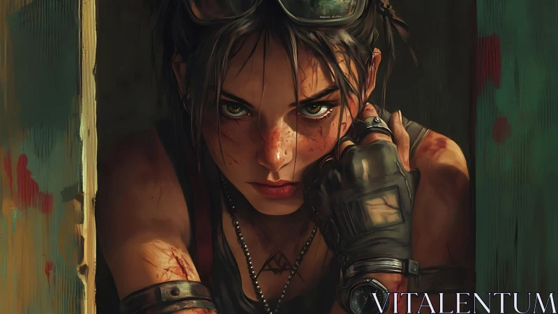 Grit-flecked scavenger girl glares through the rusted doorway.