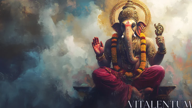 Digital painting of Lord Ganesha seated in clouds.