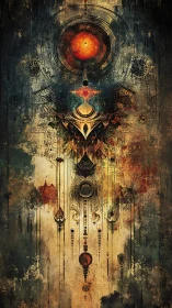 Abstract cosmic mandala with vertical symmetrical totems.