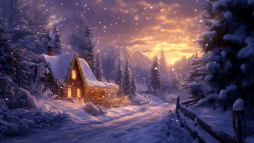 Cozy winter cabin glowing softly under a dreamy twilight sky.