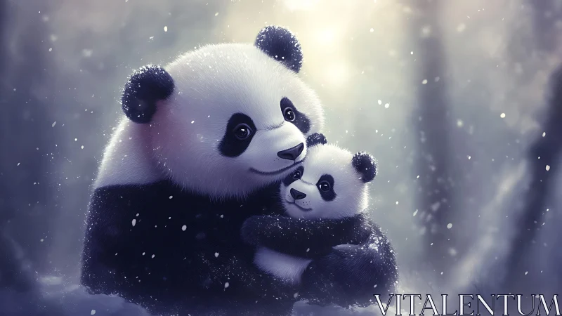 Adult and juvenile pandas in snowy forest setting embrace.