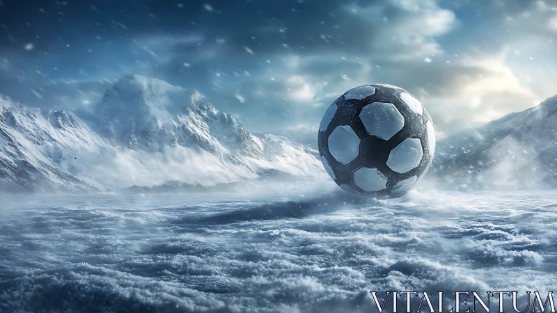 Giant soccer ball hovers in a frozen mountain blizzard.