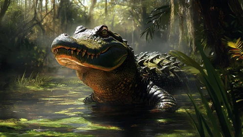 Cinematic digital alligator portrait in dappled swamp light
