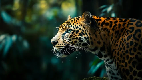 Jungle-eyed jaguar poised in emerald-dim rainforest hush.