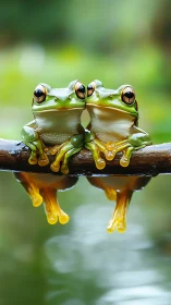 Cozy tree frogs sharing a quiet moment by the water.