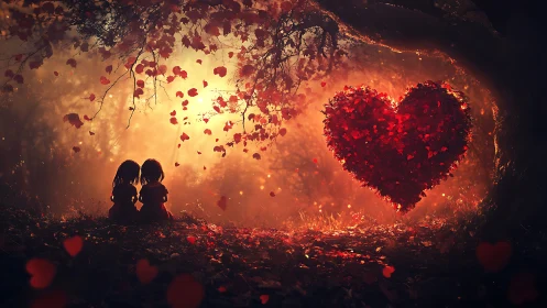 Silhouetted Couple Beneath Burning Heart-Shaped Formation in Autumn Forest.