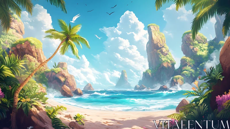 Coastal landscape with limestone formations and tropical vegetation