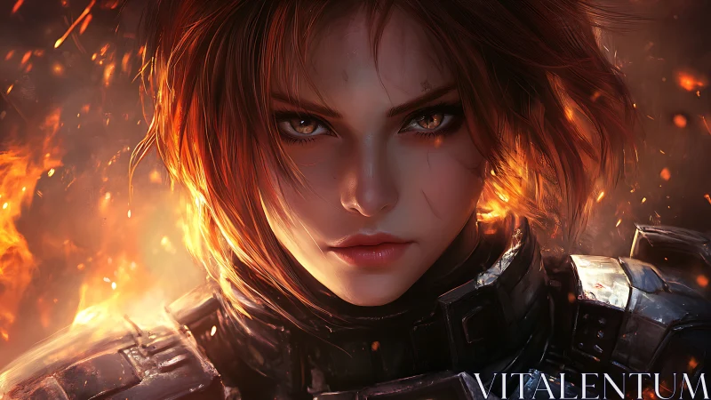 Battle-hardened warrior woman in armor amid rising flames.