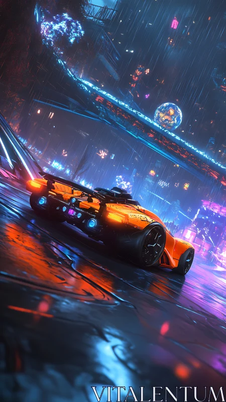 Neon-orange cyber racer cuts through rain-soaked megacity street