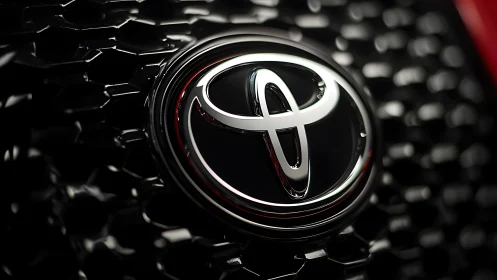 Shiny Toyota car badge glowing on a sleek black grille.