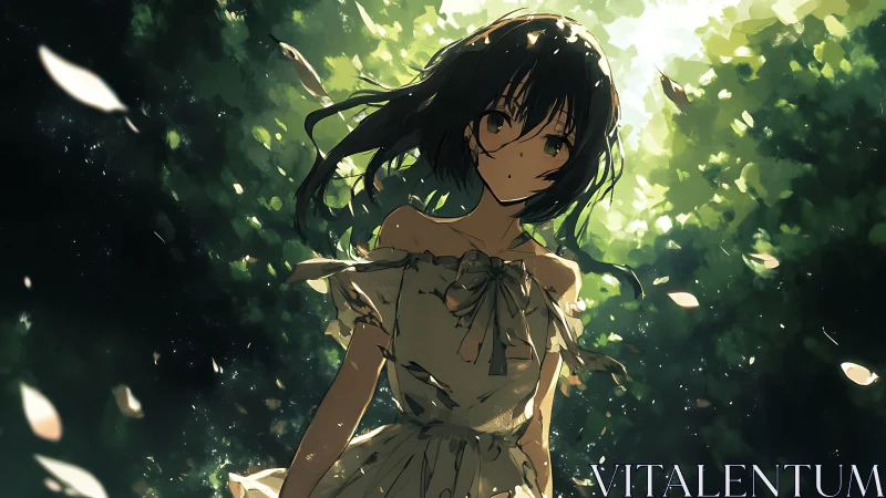 Young girl stands in dappled forest light, lost in thought