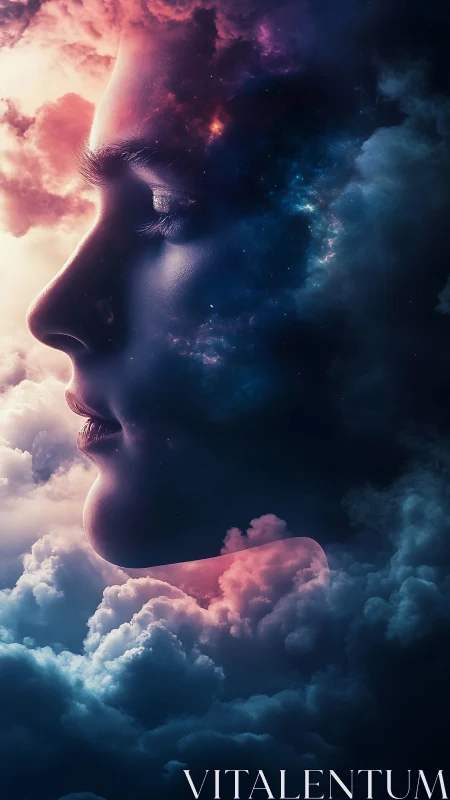 Human profile silhouette merges with glowing cosmic clouds