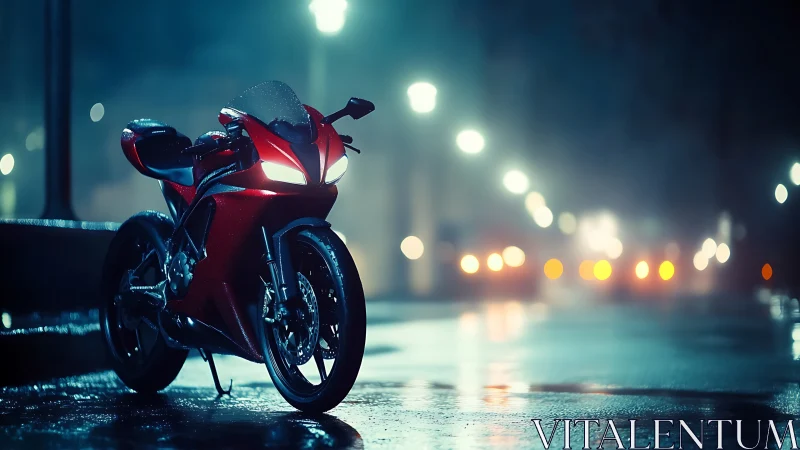 Red night racer idling under rainwashed city lights.