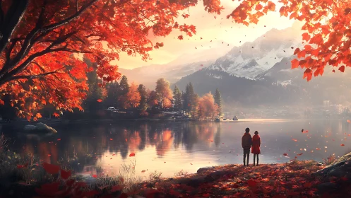 Two Hearts Witness Autumn's Fiery Canvas at Water's Edge.