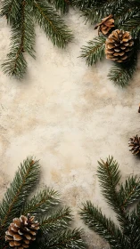 Conifer branch frame with frosted pine cones on plastered wall.