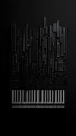 Piano keys rising into a sleek futuristic cityscape.