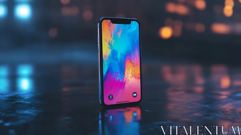 Smartphone with Vibrant Gradient Wallpaper on Dark Surface