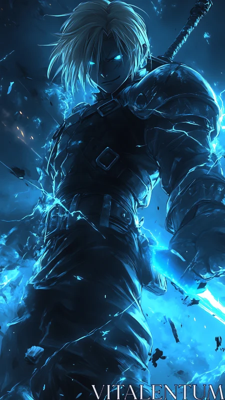 Sword-wielding fighter stands in blue electric energy glow