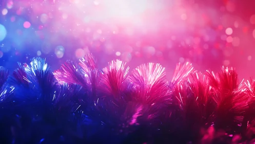 Neon tinsel forests shimmer under a dreamy festival sky