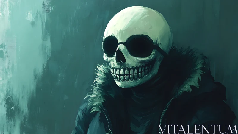 Skull-faced drifter in teal winter coat, moody portrait.