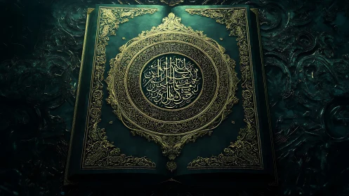 Illuminated Quran cover gleams with ornate golden calligraphy.