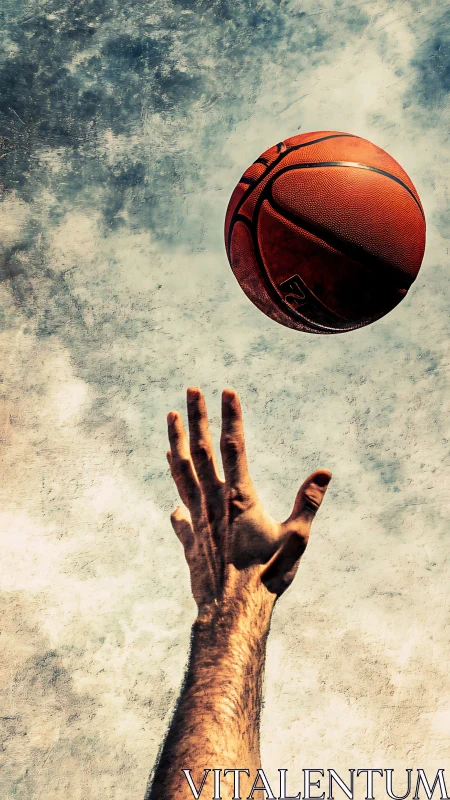 Extended arm reaching toward airborne basketball outdoors.