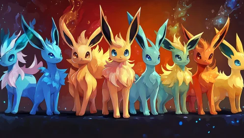 Colorful fox-like creatures stand aligned in glowing row