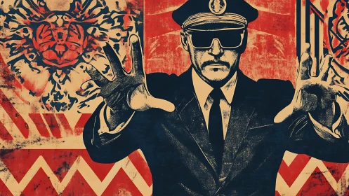 Officer figure in uniform with raised hands on patterned field.