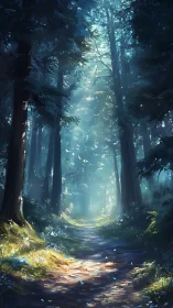 Enchanted forest pathway with luminous canopy and stream