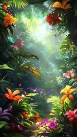 Luminous jungle path framed by vivid tropical blooms.