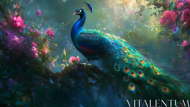 Iridescent peacock rendered in high-saturation floral forest scene